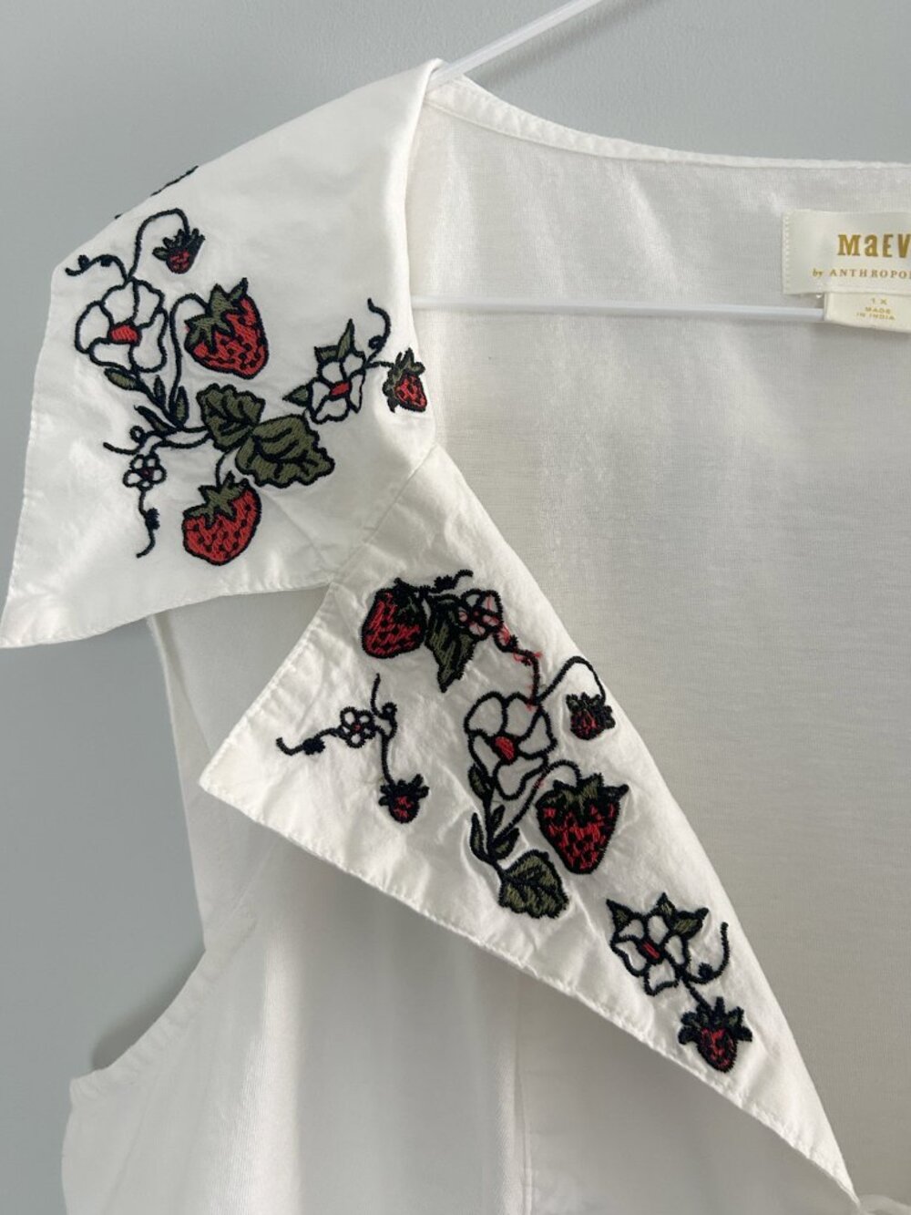 Maeve Anthropologie Strawberry Floral Embroidered Babydoll Peplum Top White 1X - Picture 4 of 9